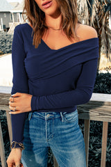 Blue Ribbed Wrap V Neck Long Sleeve Top