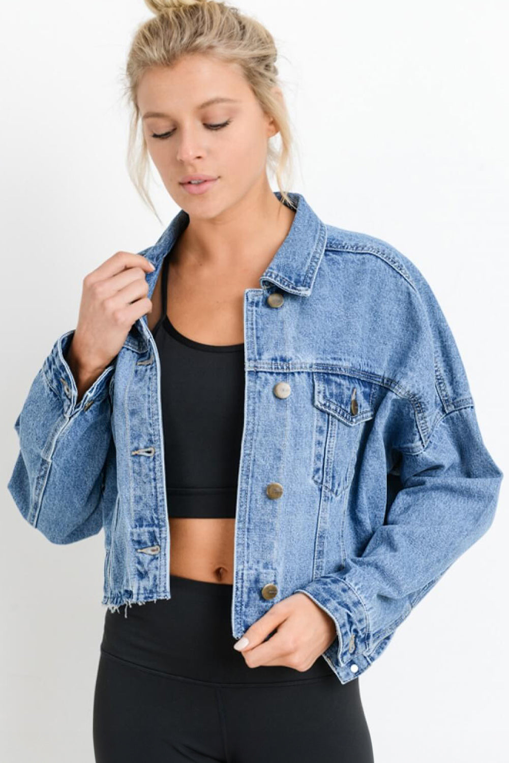 Sky Blue Medium Wash Chunky Cropped Denim Jacket