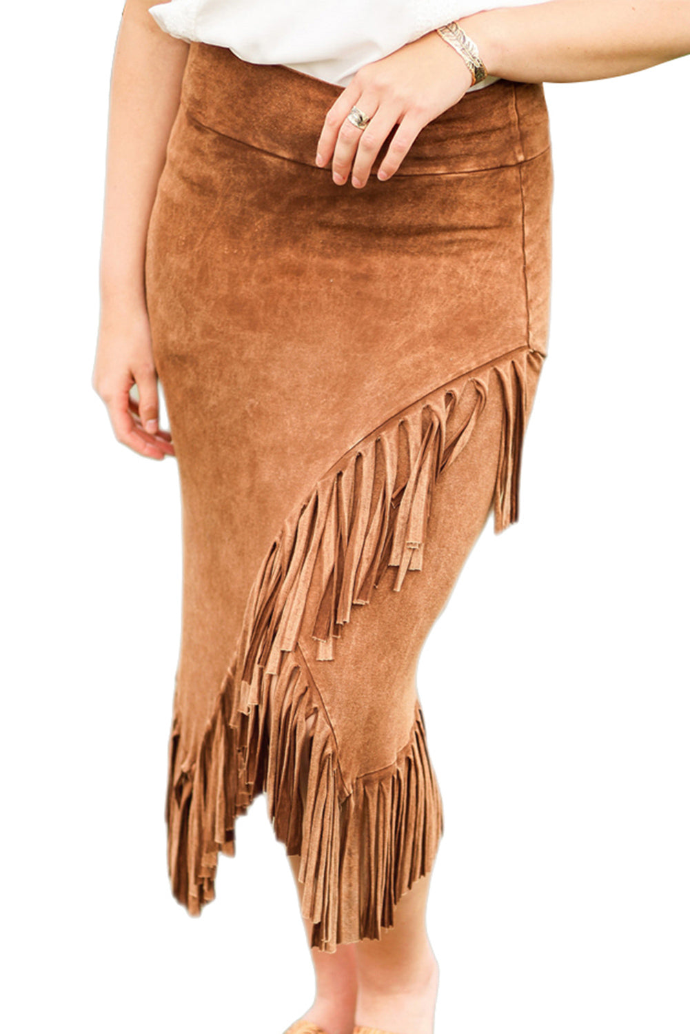 Brown Fringe Asymmetric Wrap Suede Midi Skirt