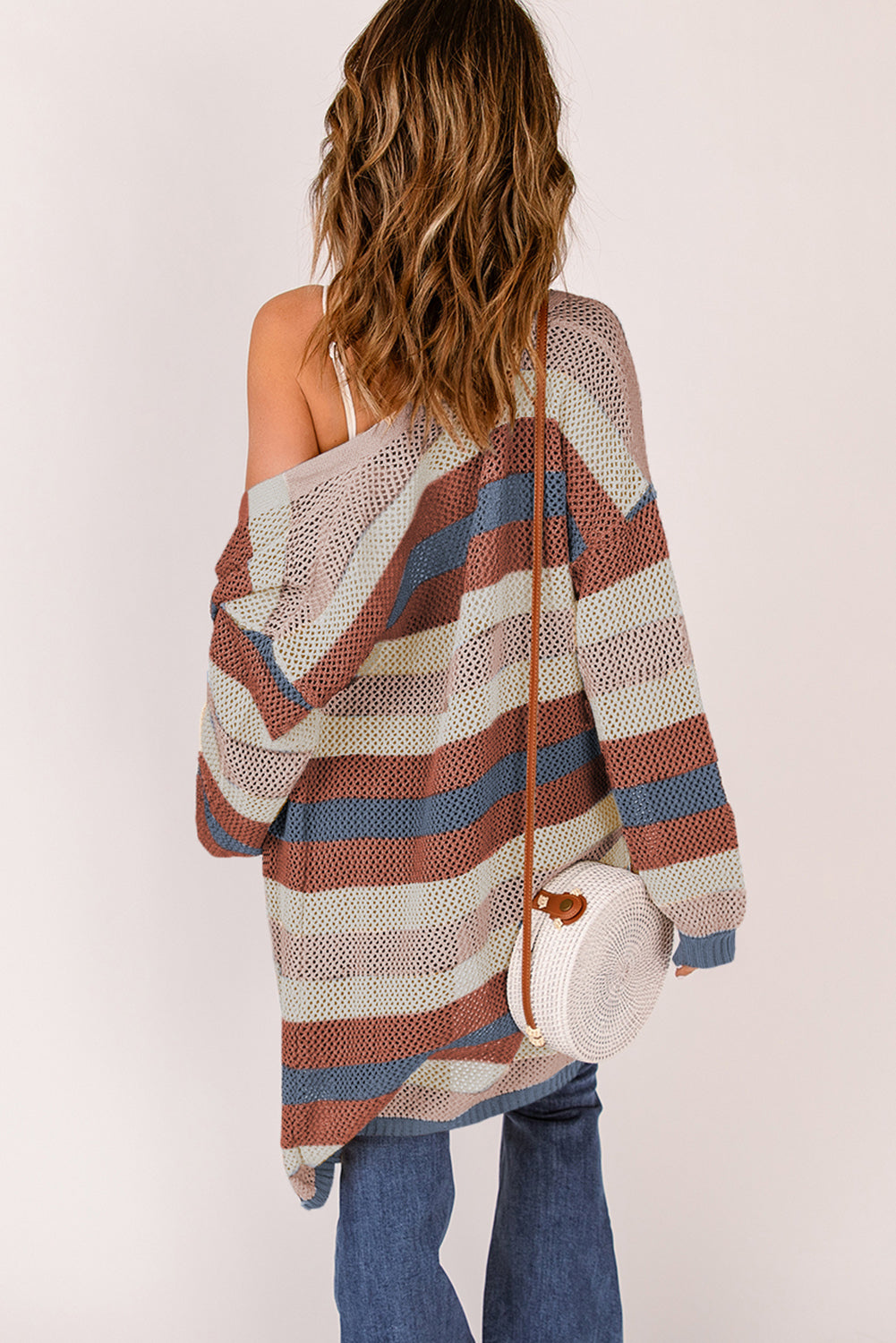 Multicolor Striped Color Block Hollowed Knit Cardigan