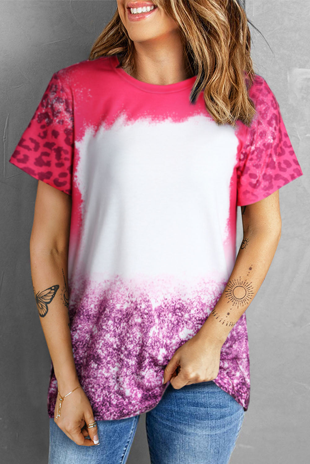 Pink Leopard Blank Bleached Graphic Print Short Sleeve T Shirt