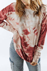 Red Tie Dye Crew Neck Long Sleeve Top