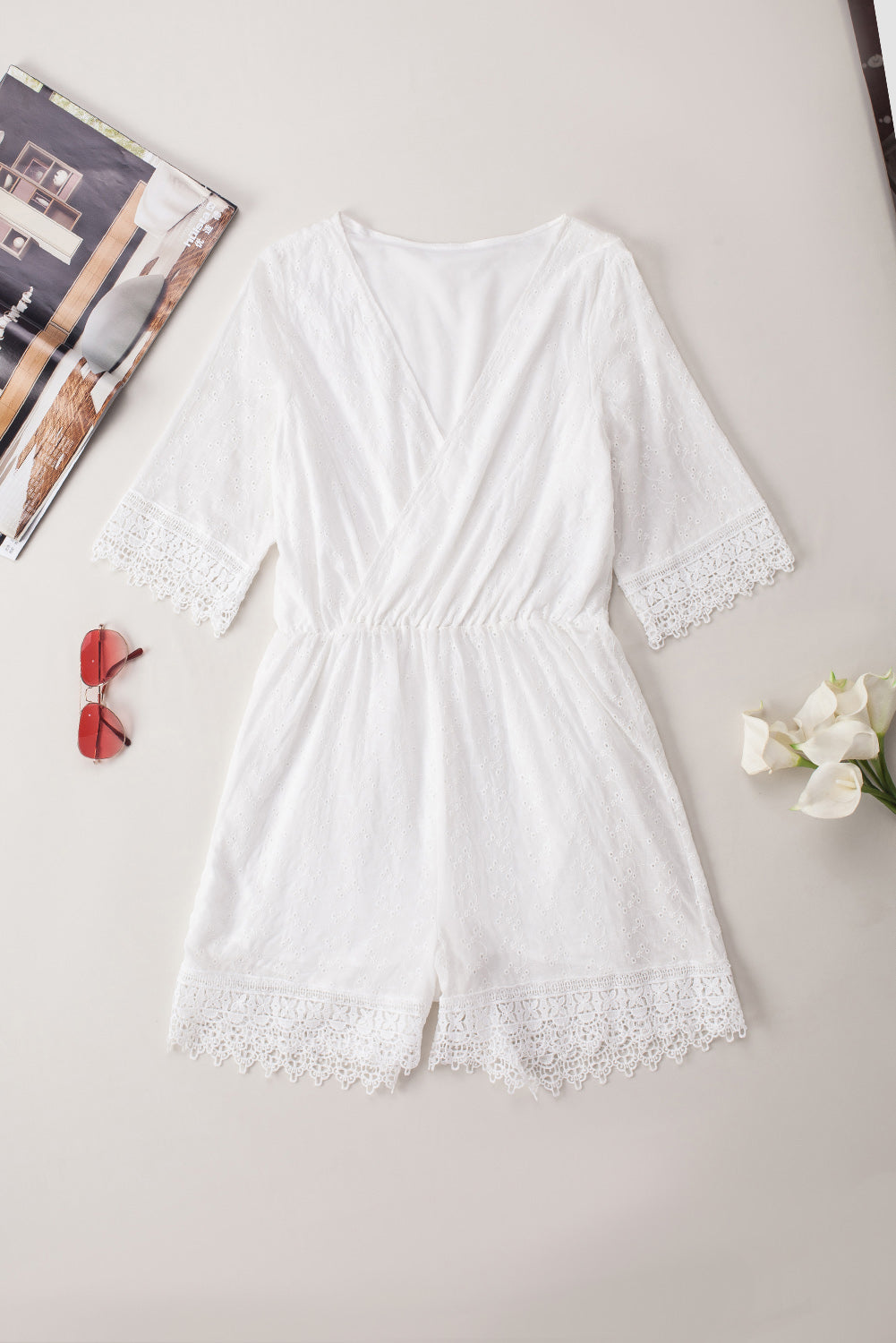 White V Neck Lace Trim Embroidered High Waist Romper