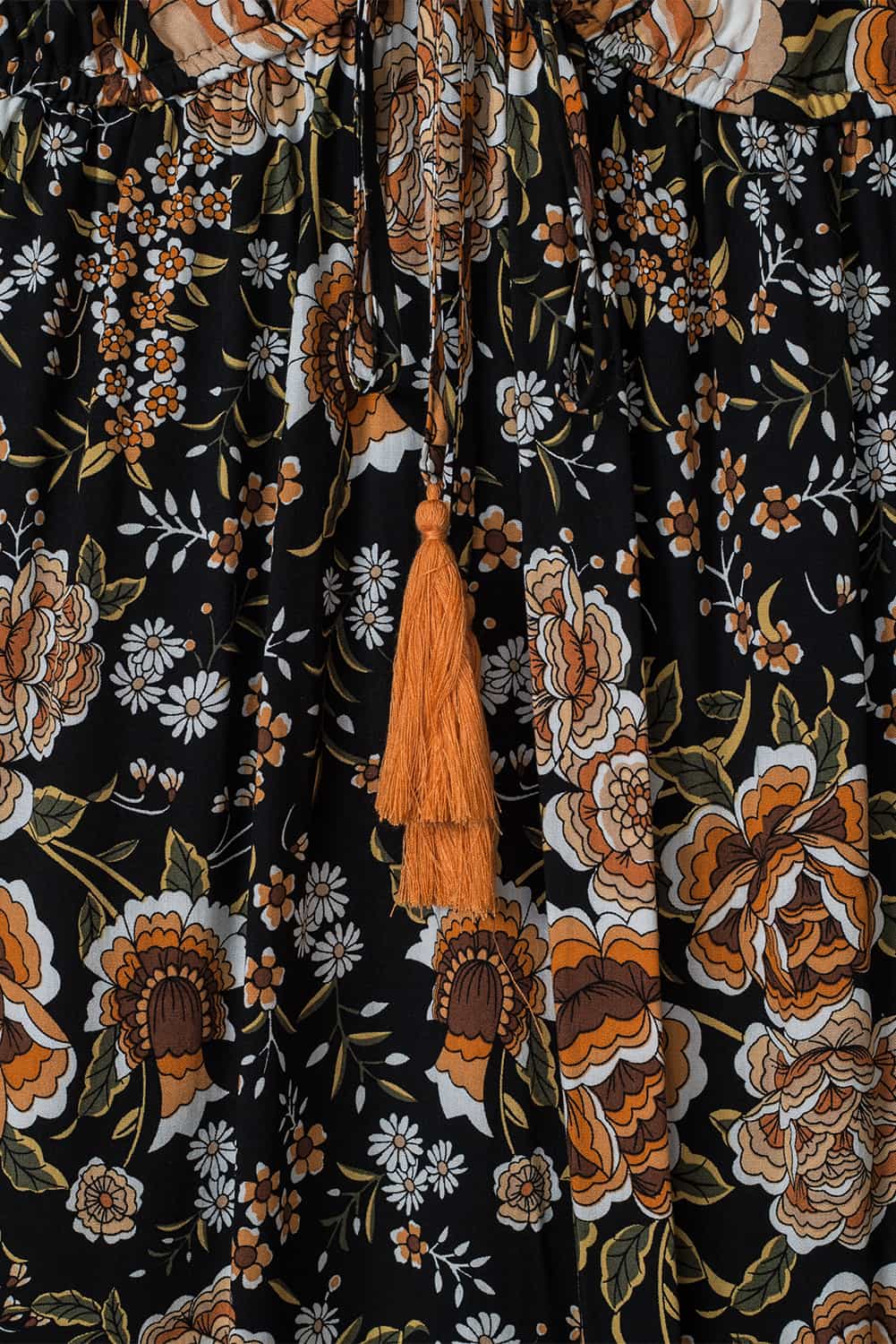 Black Retro Boho Floral Tassel Tie Maxi Dress