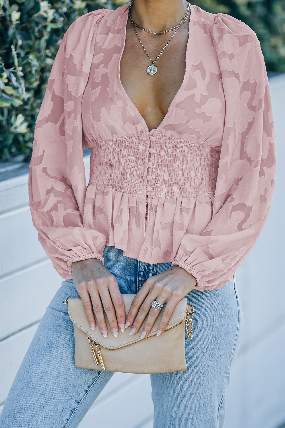 Pink Floral Textured Puff Sleeve Smocked Waist Peplum Top