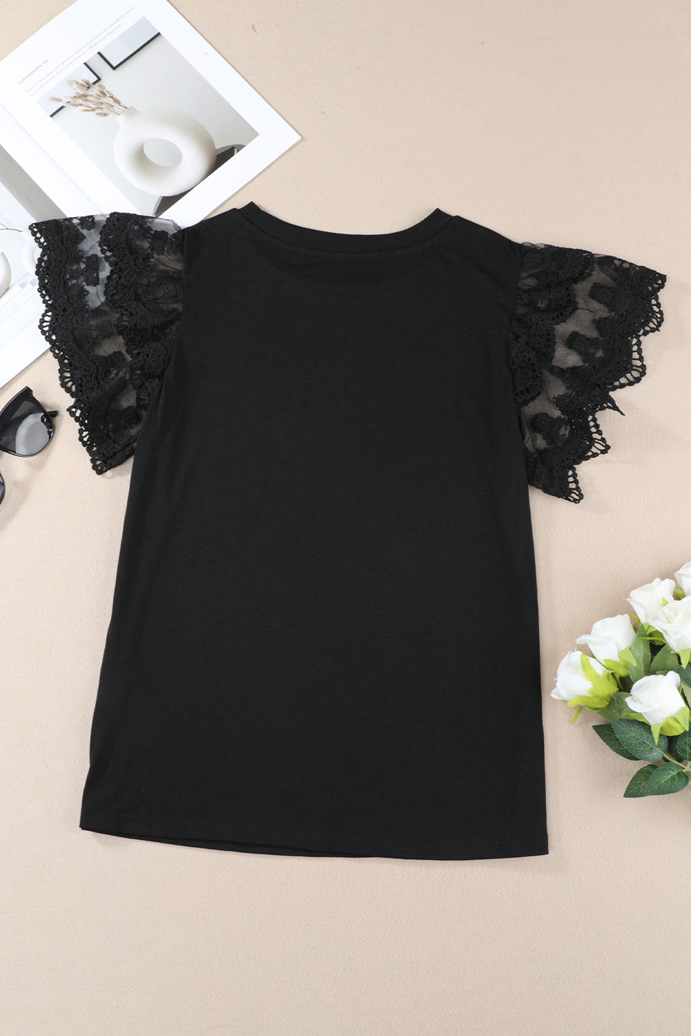 Black Lace Ruffle Sleeve Round Neck T Shirt