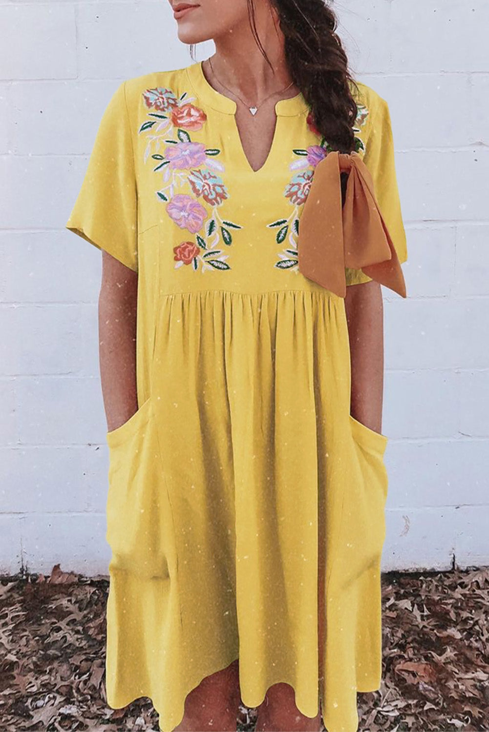 Yellow Split Neck Embroidered Floral Babydoll Swing Dress