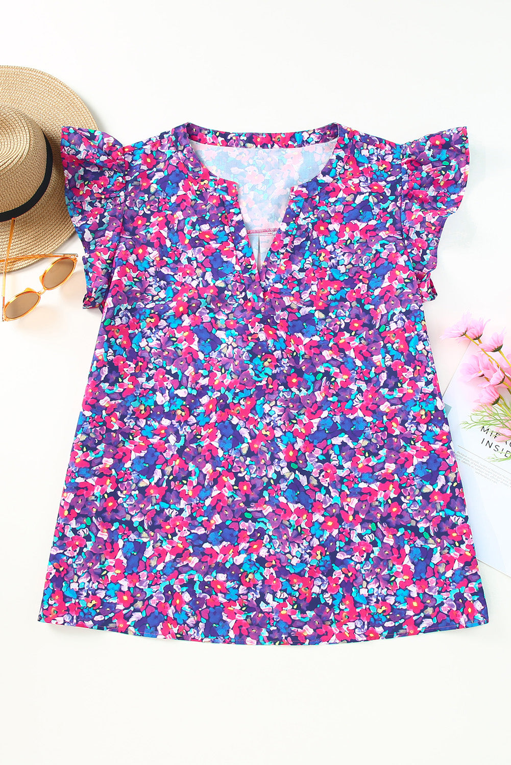Purple Plus Size Floral Print Ruffle Sleeve Blouse