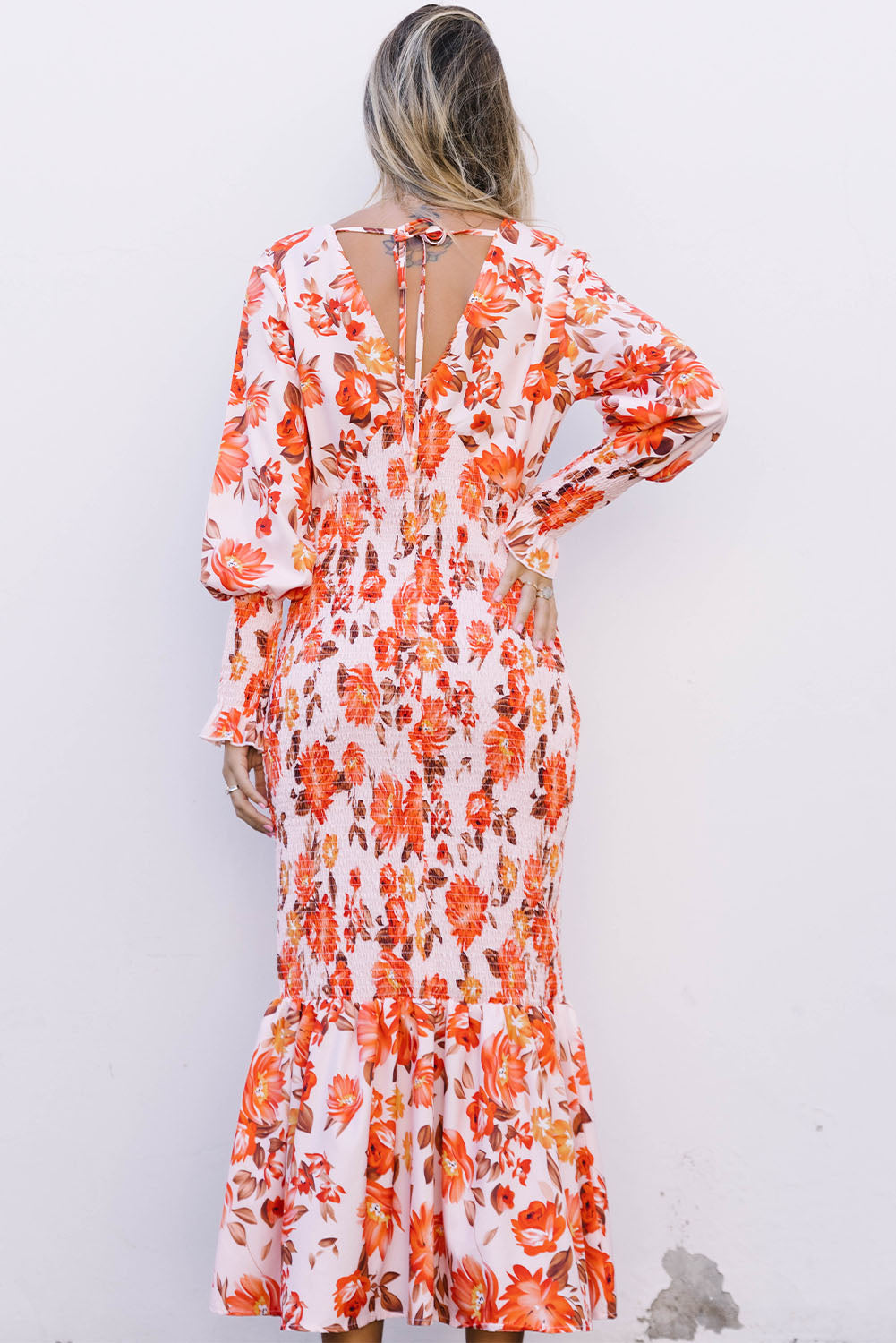 Orange Floral Print Shirred Fit and Flare Deep V Neck Midi Dress