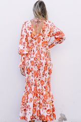 Orange Floral Print Shirred Fit and Flare Deep V Neck Midi Dress