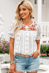 White Floral Embroidered Ethnic Printed Crinkle Blouse