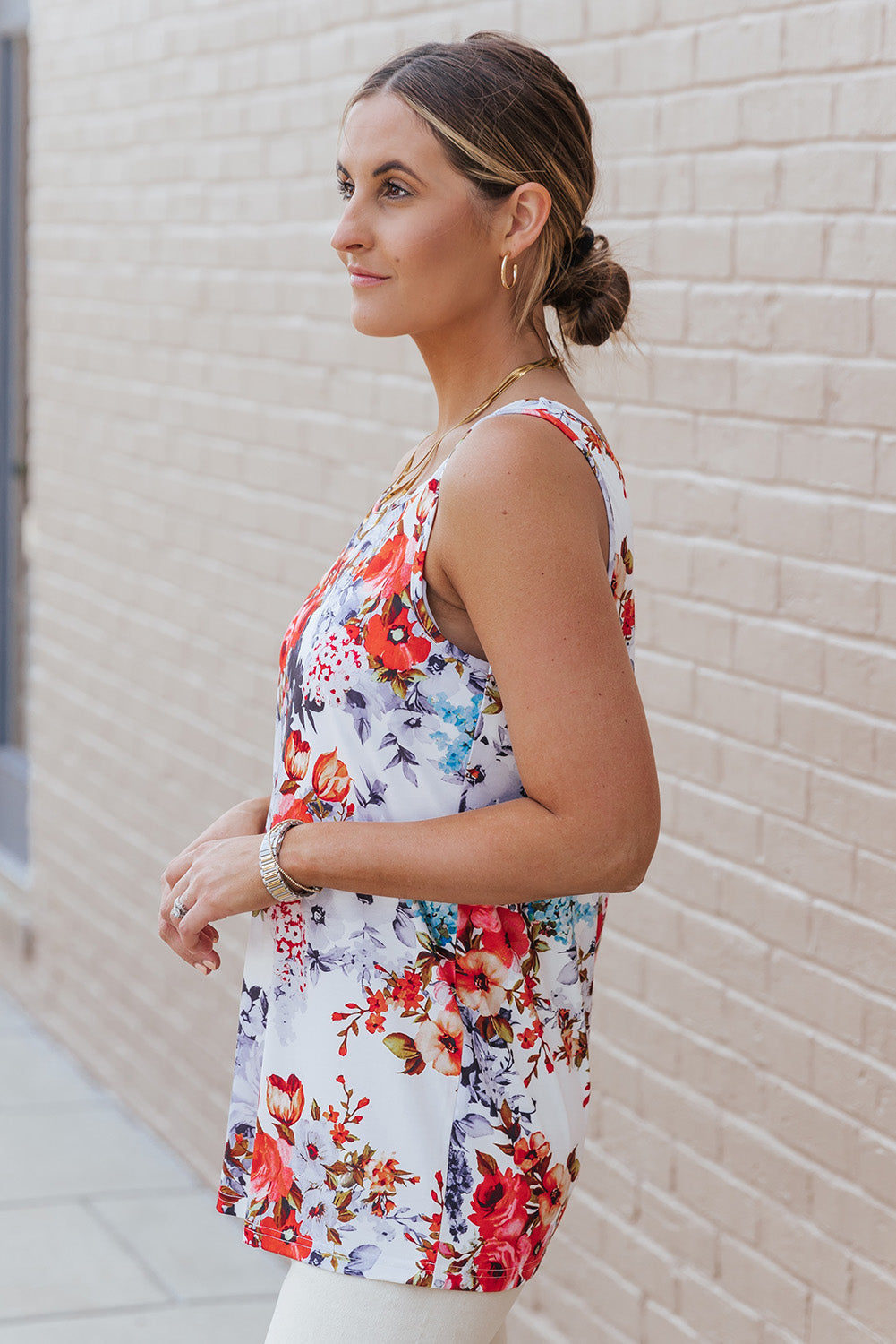 White Floral Print Sleeveless Top