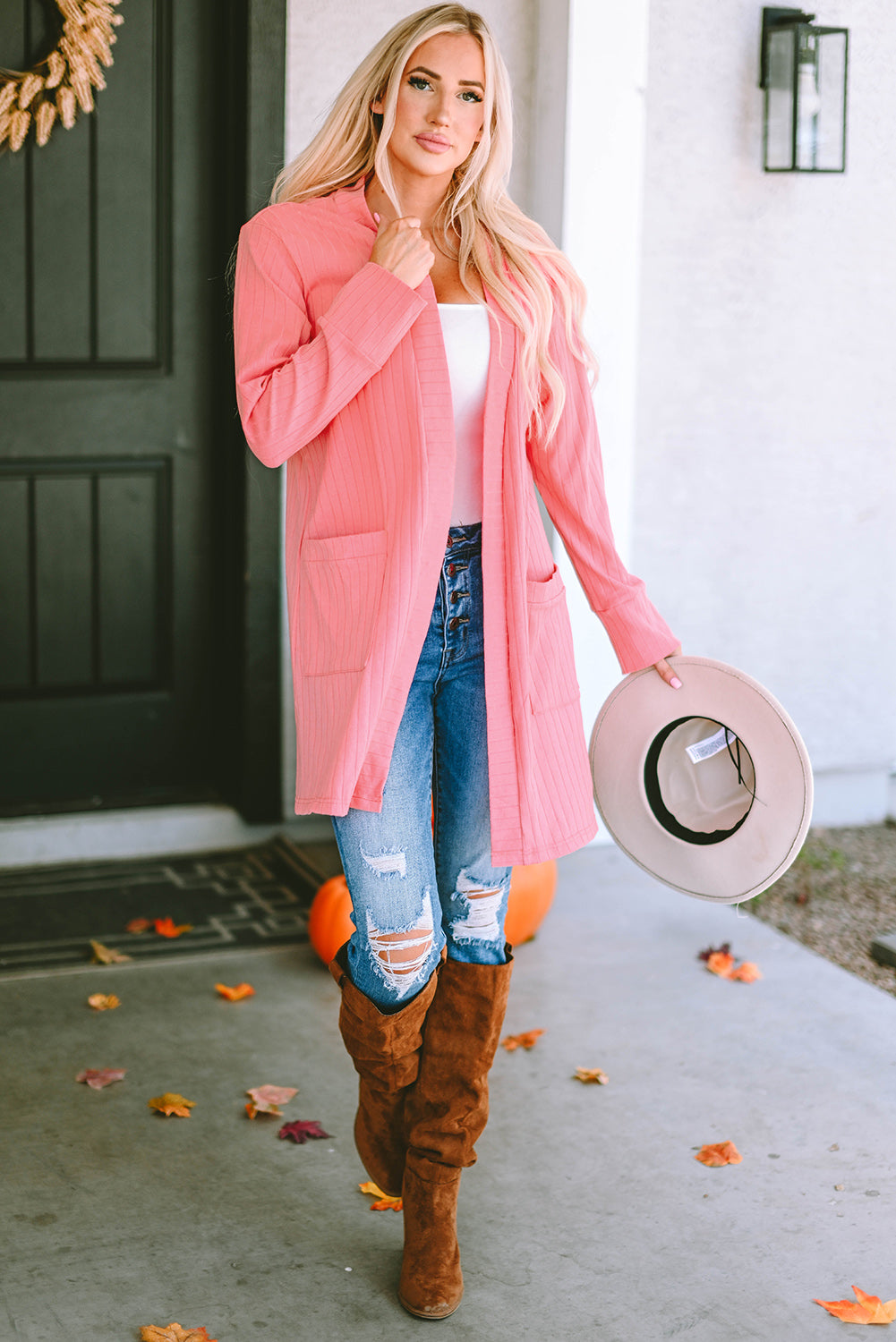 Pink Open Front Pocketed Knit Cardigan