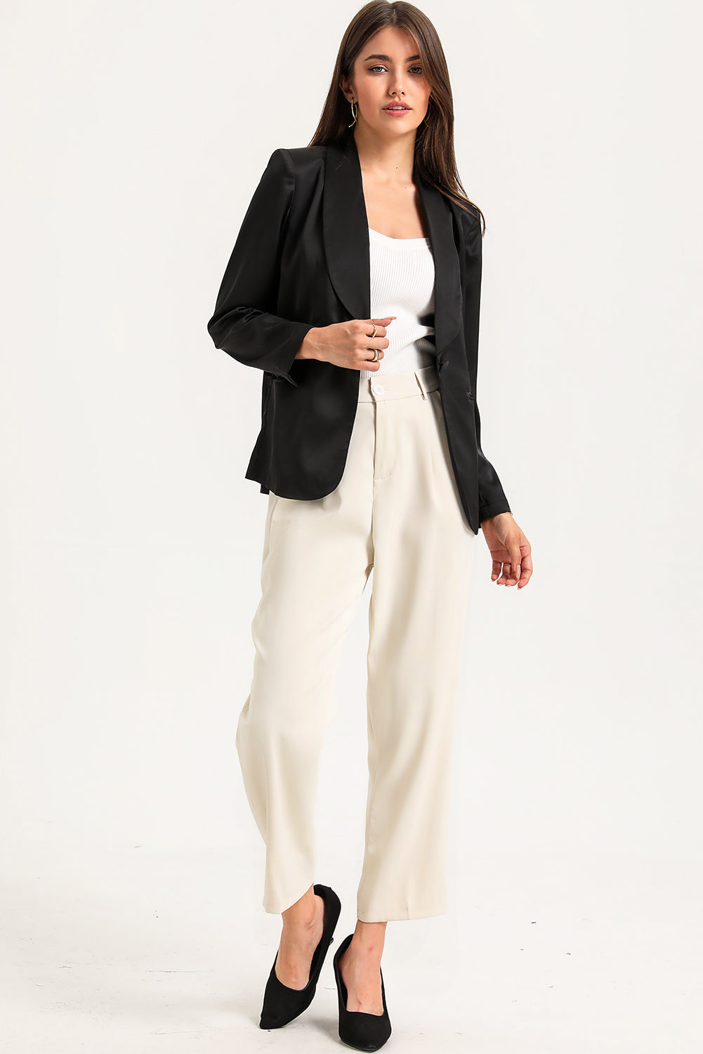 Black Collared Neck Single Breasted Blazer with Pockets