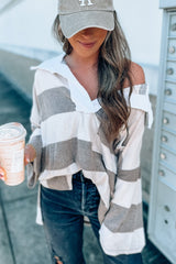 Stripe Oversized Collared Long Sleeve Top