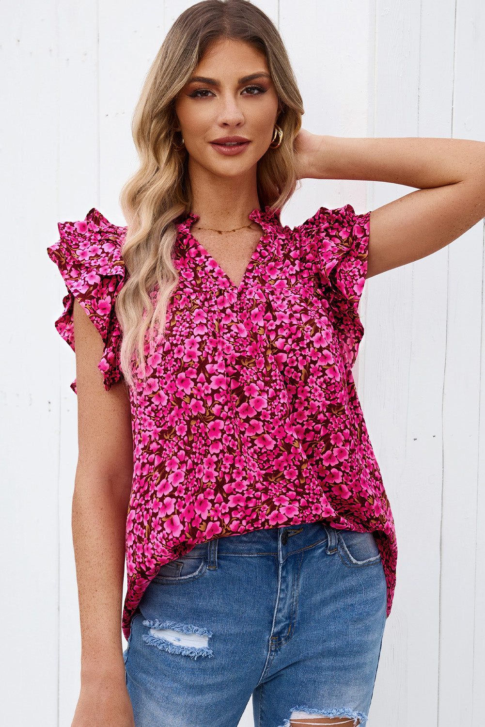 Khaki Floral Print Tiered Flutter Sleeve V Neck Top