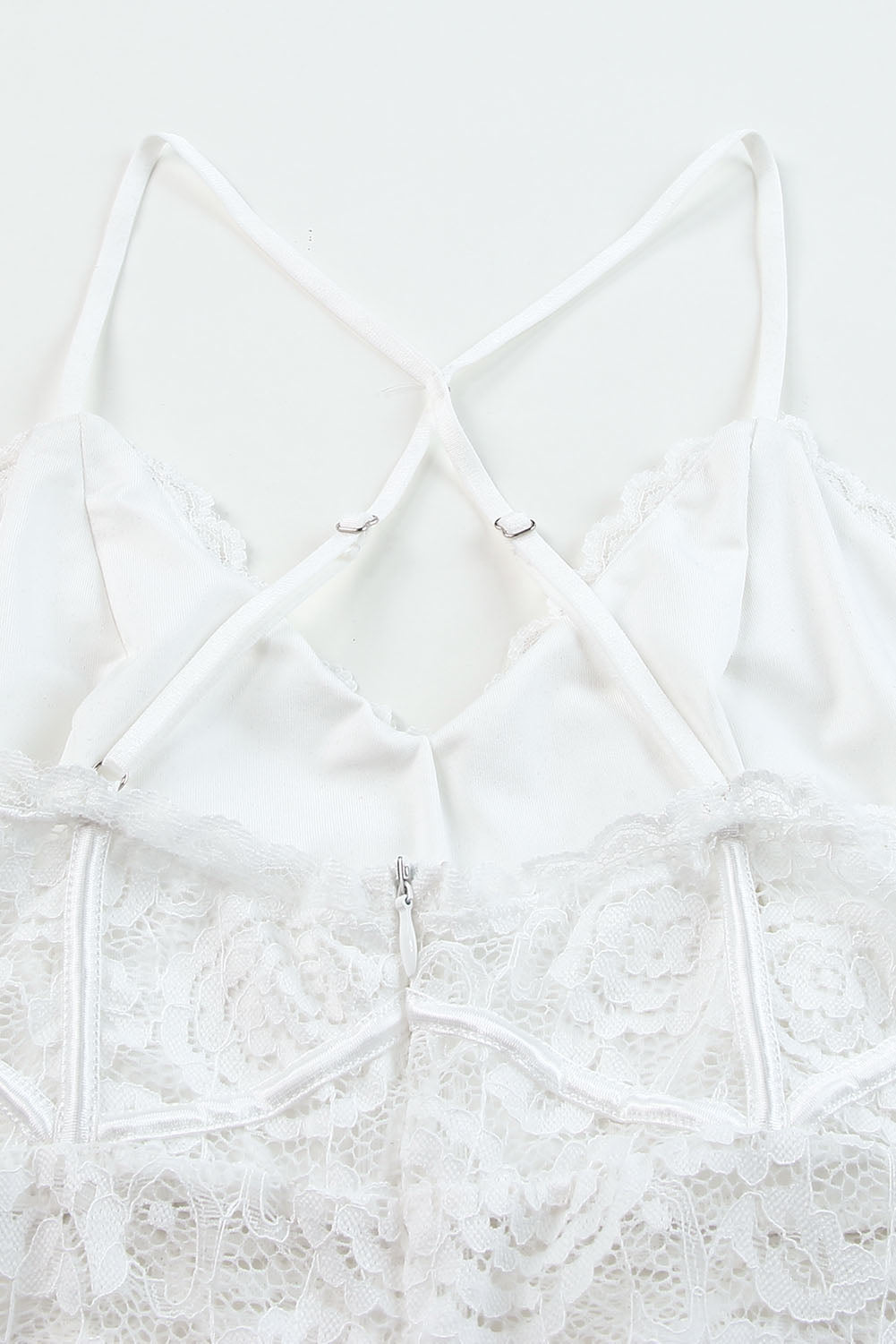White Crisscross Back Soft Bone Floral Lace Crochet Bodysuit