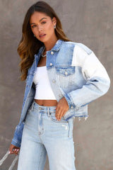 Sky Blue Color Block Denim Patchwork Frayed Hem Jacket