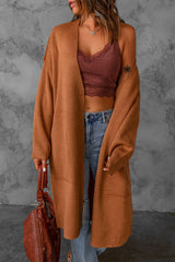 Brown Solid Open Front Drop Sleeves Long Cardigan