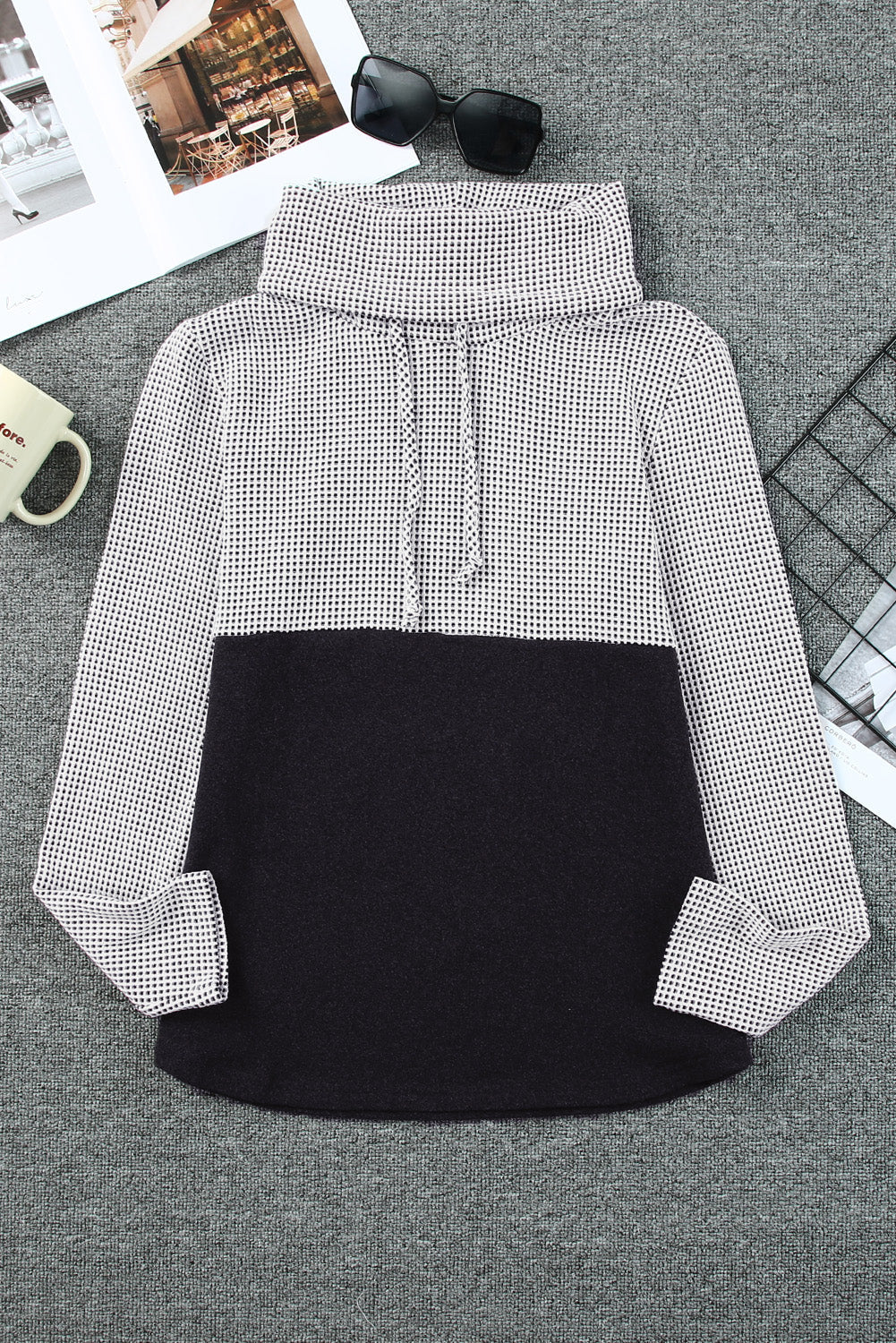 Gray Drawstring Cowl Neck Color Block Sweatshirt