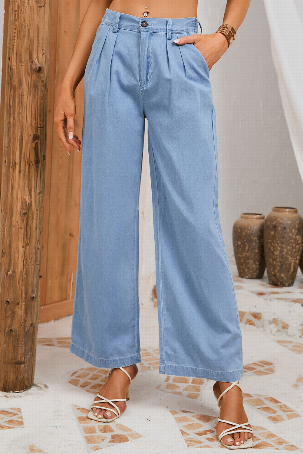 Sky Blue High Waist Pleated Wide Leg Jeans