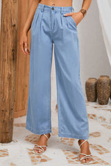 Sky Blue High Waist Pleated Wide Leg Jeans