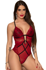 Red Lace Mesh Splice V Neck Strappy Teddy