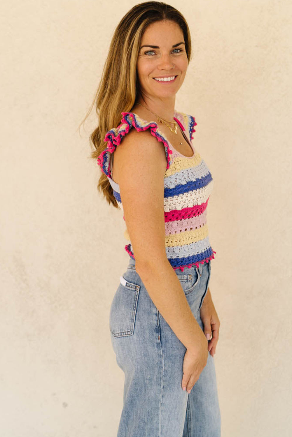 Multicolor Stripe Square Neck Crochet Knit Crop Tank Top