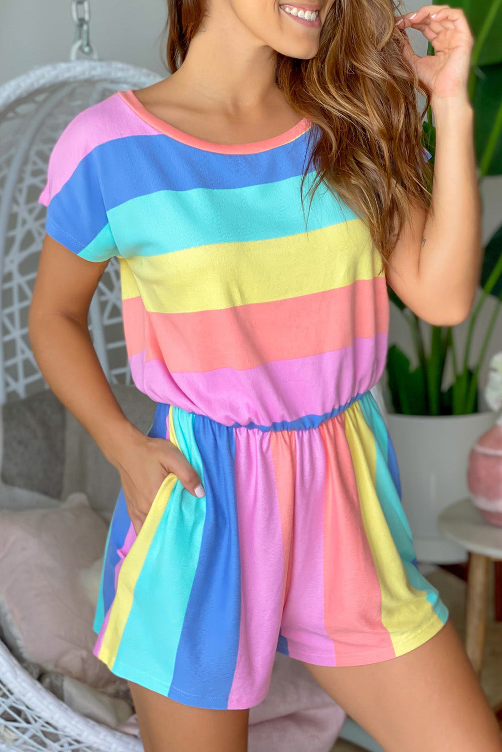 Multicolor Striped Print Tied Shoulder Flowy Tank Top