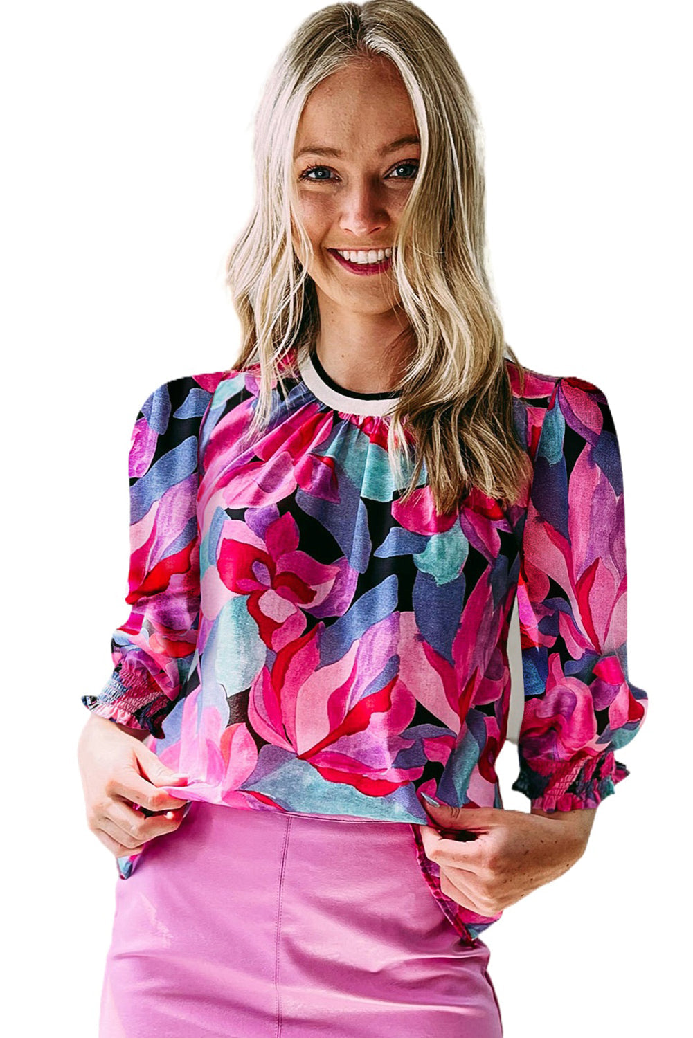 Red Floral Print Shirred Puff Sleeve Blouse