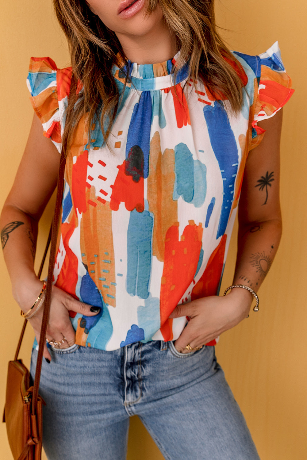 Multicolor Printed Ruffle Flutter Sleeve Tank Top