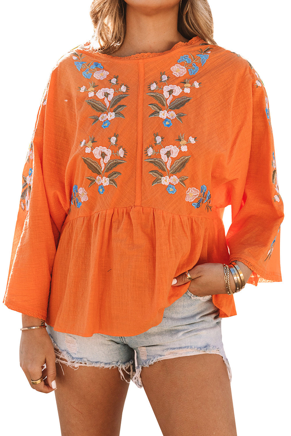 Orange Kimono Sleeves Embroidered Top