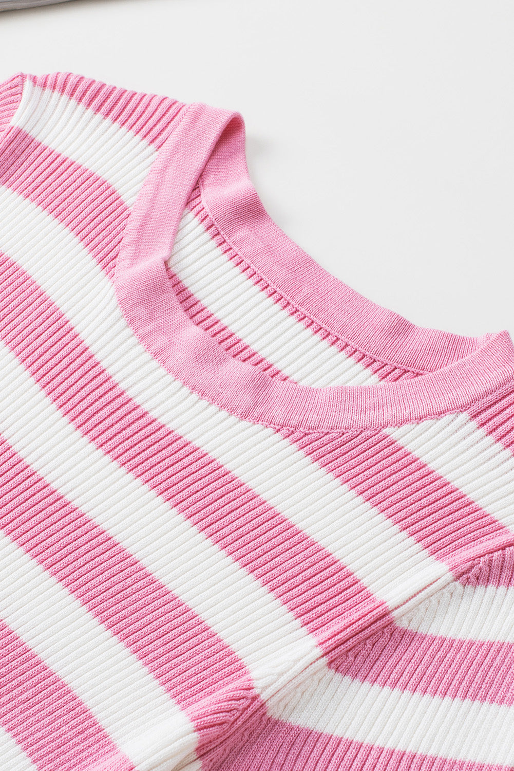 Pink Striped Ruffled Short Sleeve O-neck Knit Sweater Top