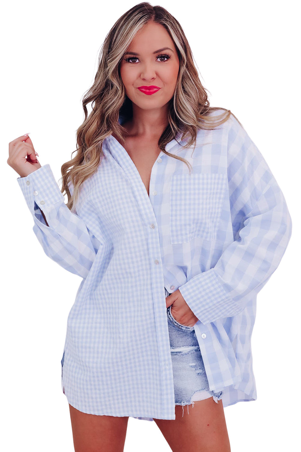 Pink Mix Checked Patchwork Long Sleeve Shirt