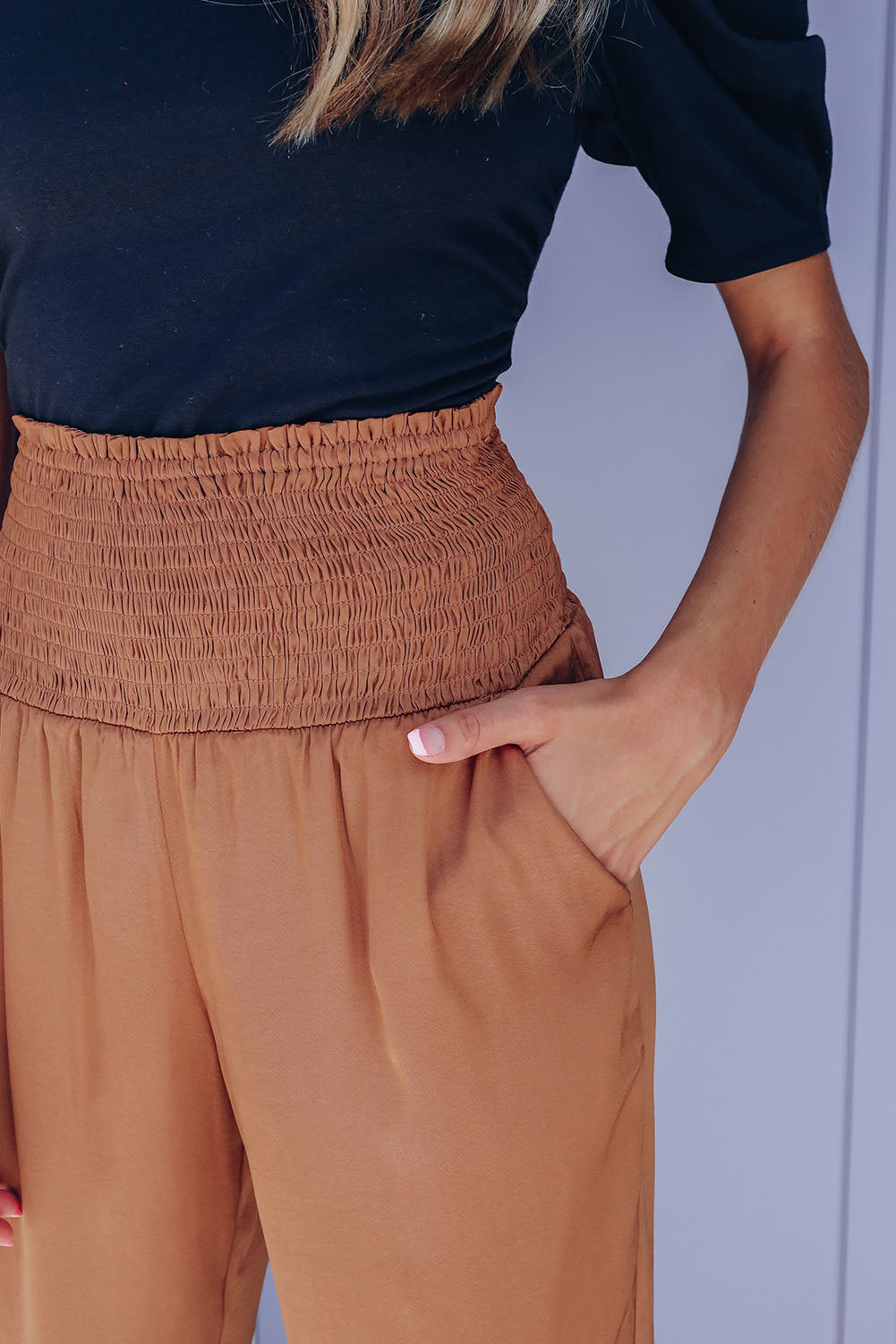 Brown High Smocked Waist Joggers