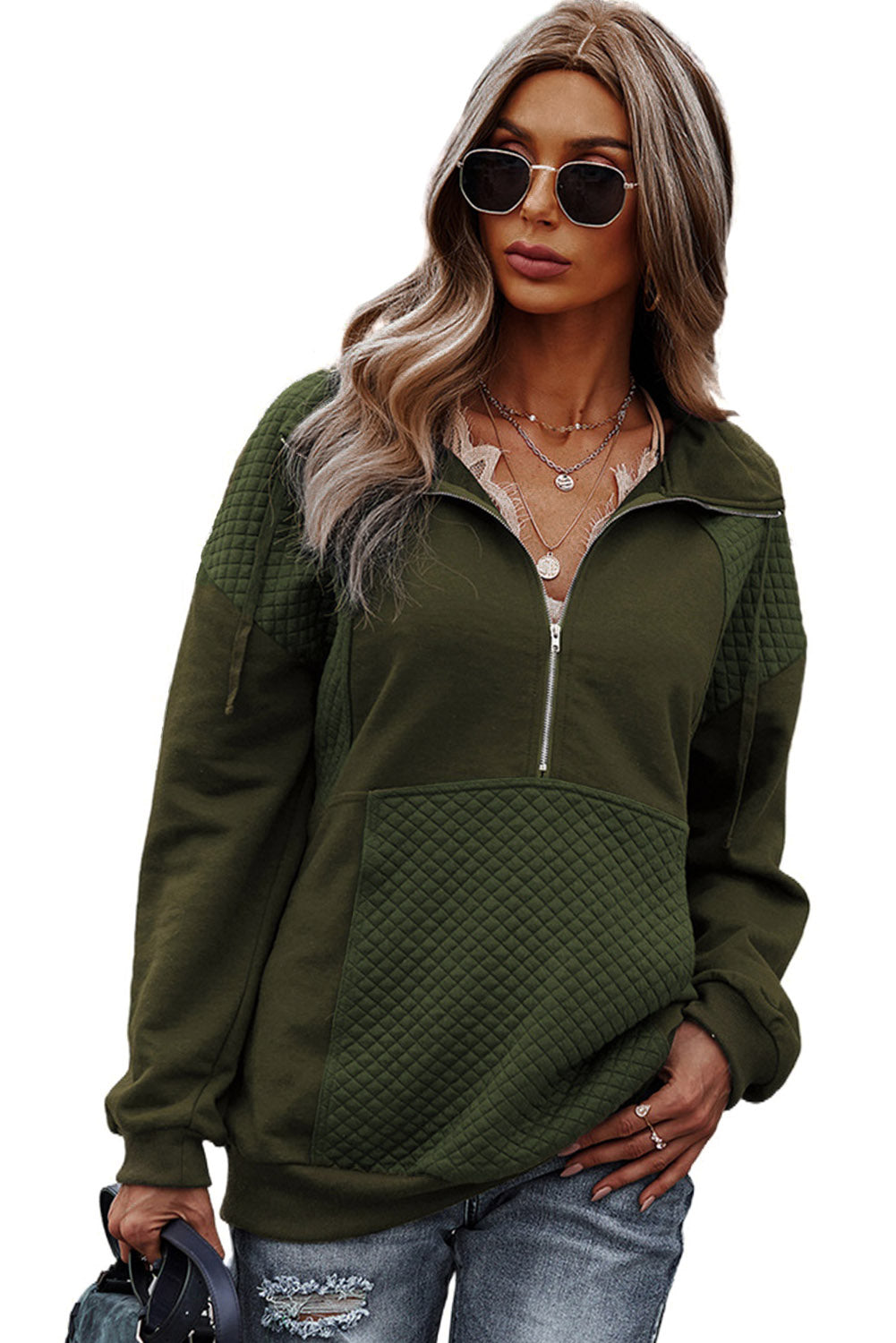 Quilted Patch Half Zipper Sweatshirt