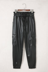 Black PU Leather Drawstring Elastic Waist Joggers