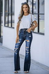 Blue Distressed High Waist Flared Jeans