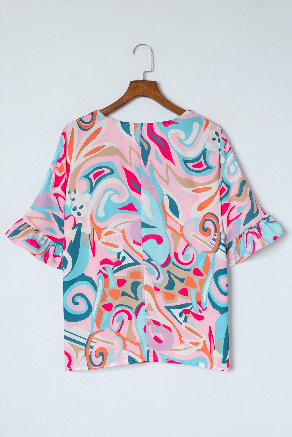 Sky Blue Abstract Print Ruffle V Neck Blouse