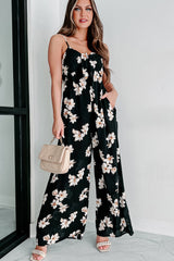 Black Tie Decor V Neck Floral Wide Leg Jumpsuit