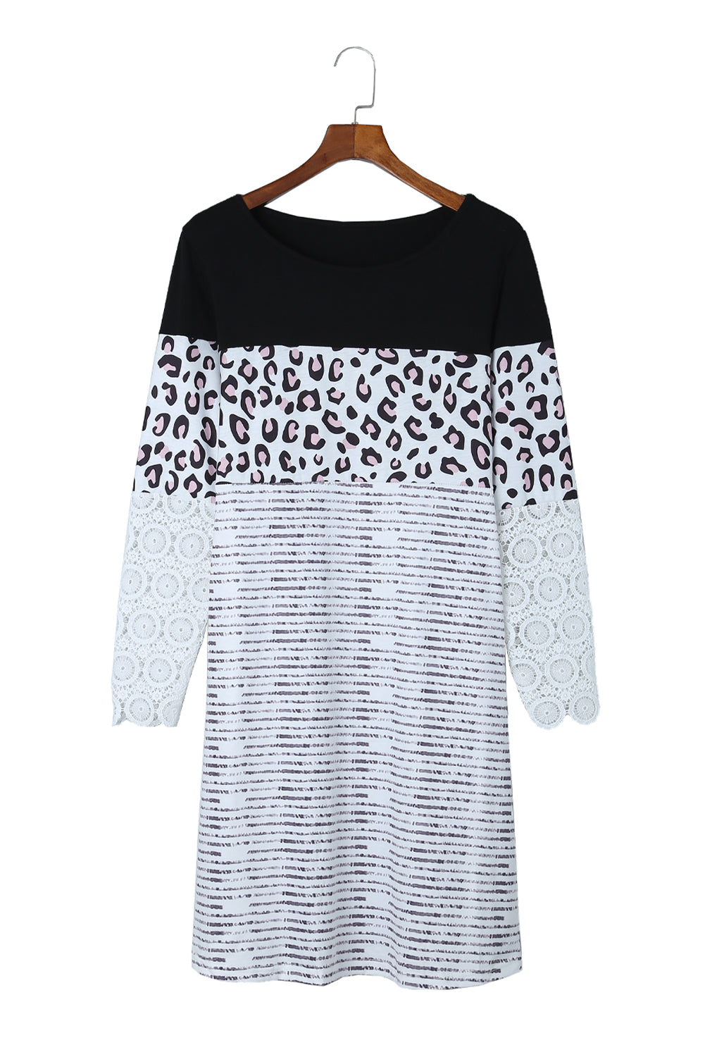 Black Striped Leopard Patchwork Lace T Shirt Dress