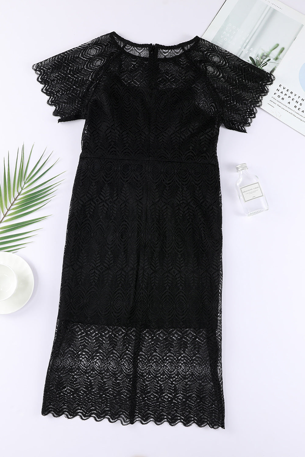 Black Solid Color Lace Crochet Zipped Midi Dress