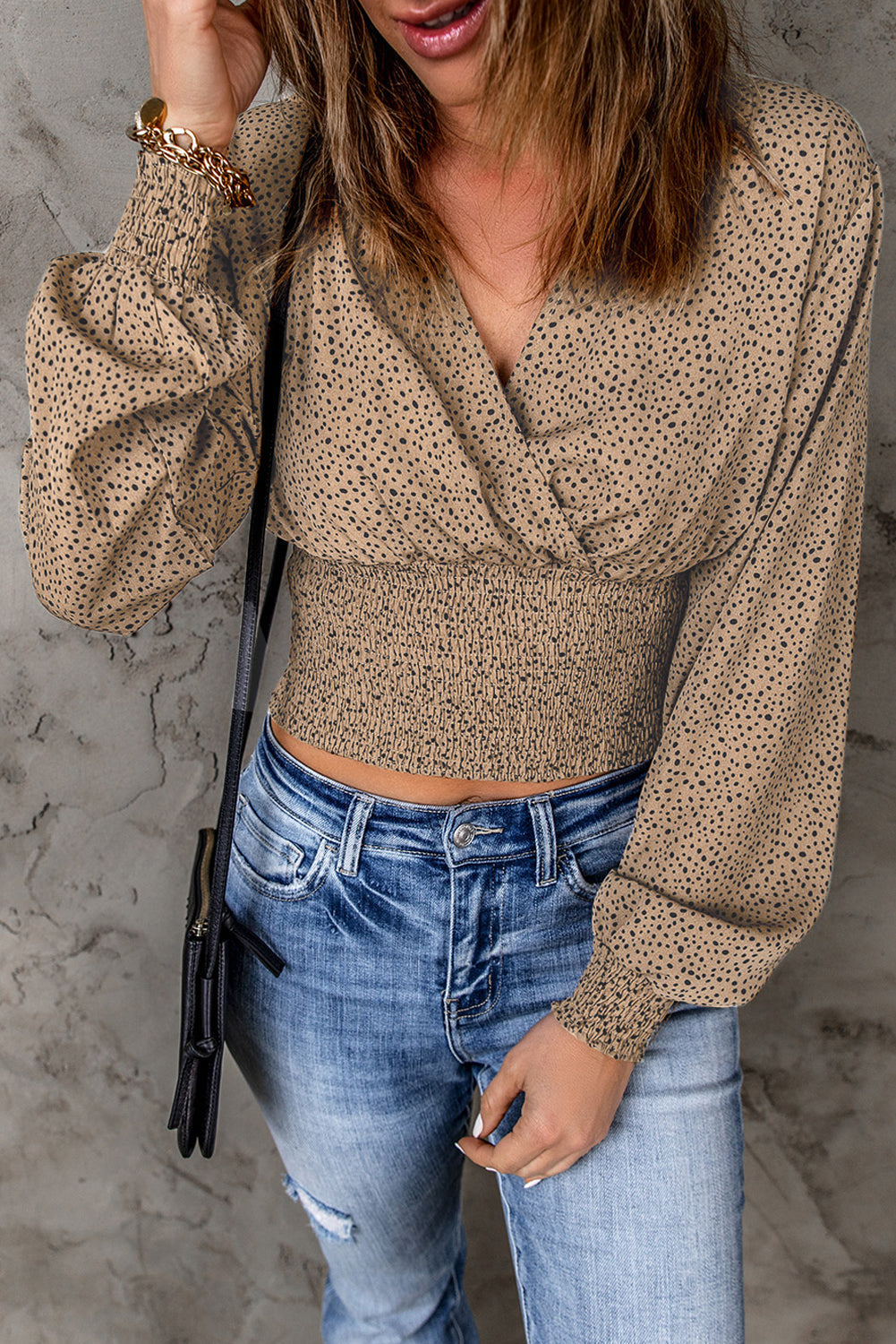 Brown Polka Dot Print Wrap V Neck Smocked Crop Top