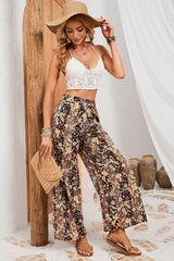 Black Floral Print High Waist Wide Leg Pants