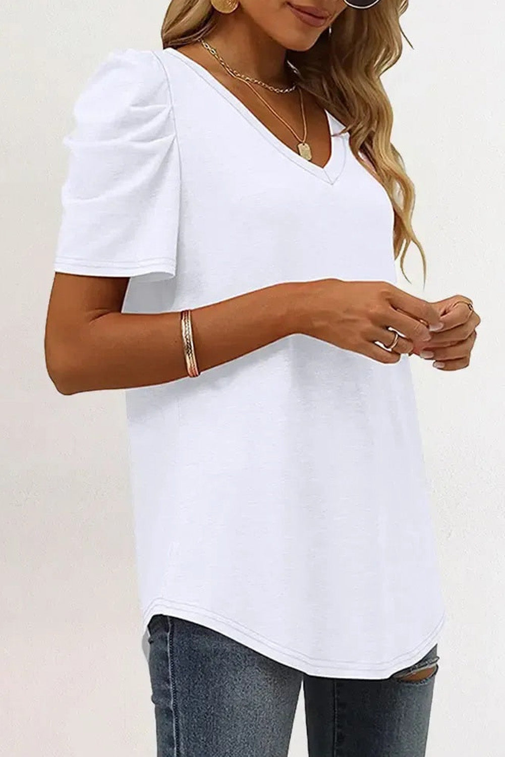 Black Puff Sleeve V-Neck T-Shirt