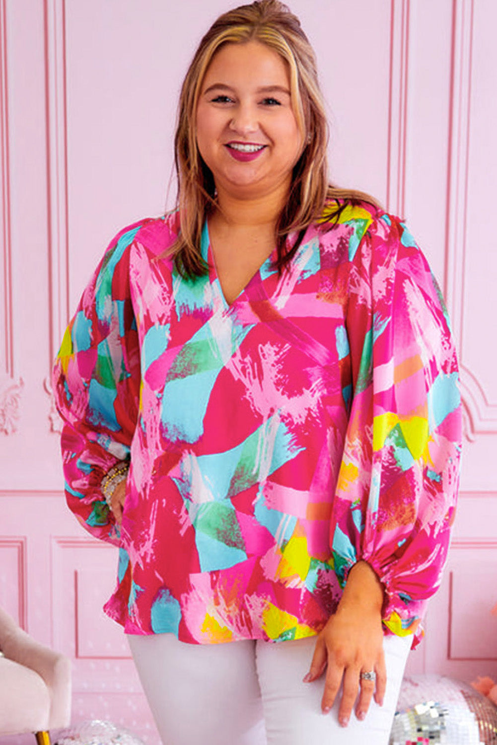 Pink Plus Size Graffiti Print Split Neck Puff Sleeve Blouse