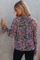 Multicolor Floral Print Ruffled Long Sleeve V-Neck Blouse