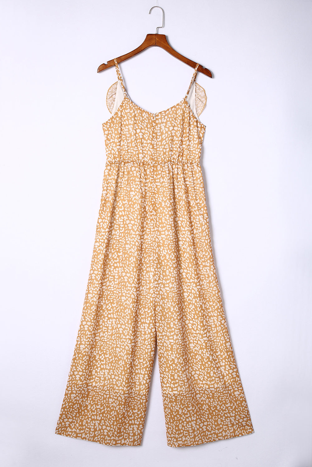 Yellow Leopard Print Drawstring Ruffled V Neck Jumpsuit