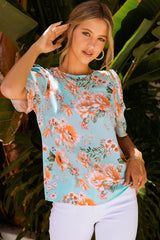 Sky Blue Floral Print Short Puff Sleeves Top