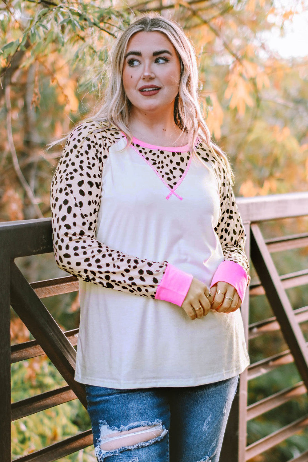 White Leopard Patchwork Long Sleeve Plus Size Top